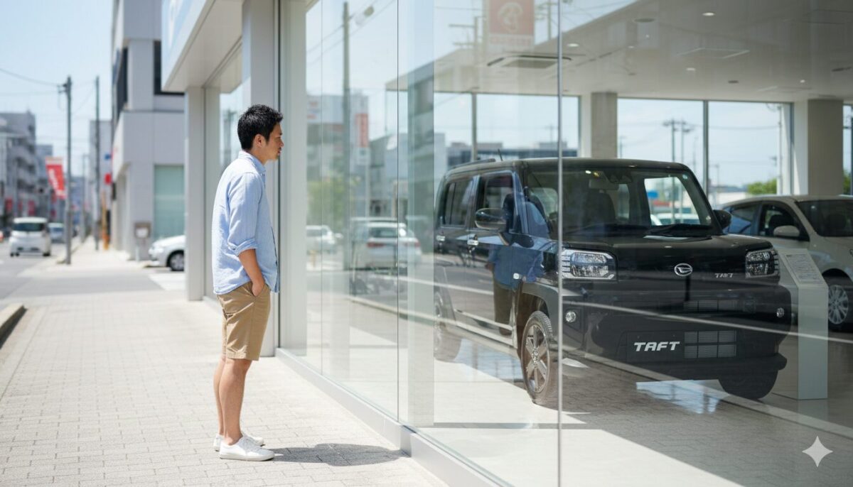 ディーラーのショールームに飾られた黒のタフトを眺める男性