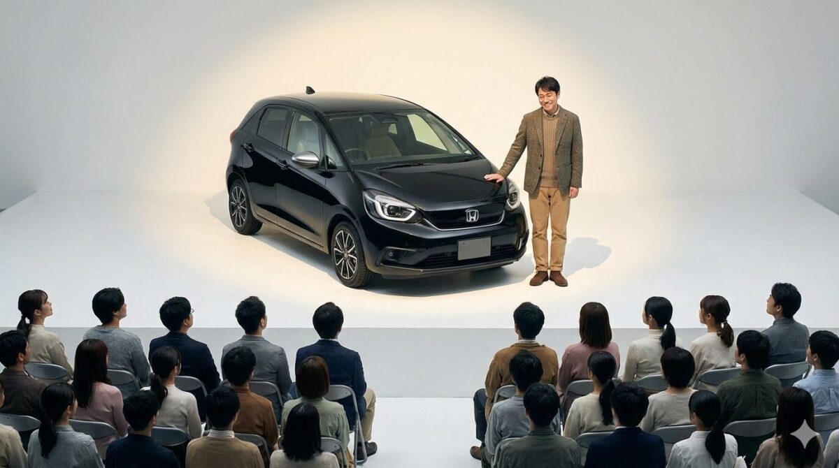 ステージに置かれたフィットのブラックスタイルと横に立つ男性