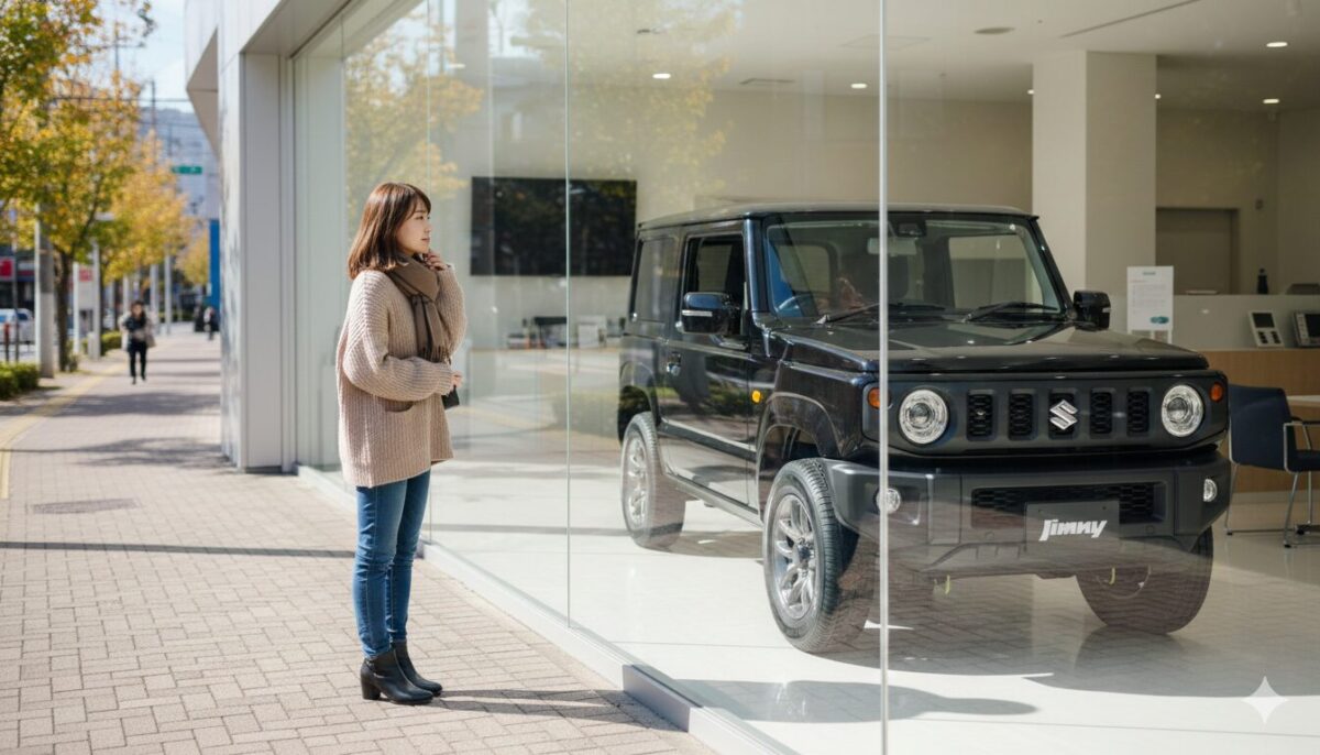 ディーラーに展示された黒のジムニーを眺める女性