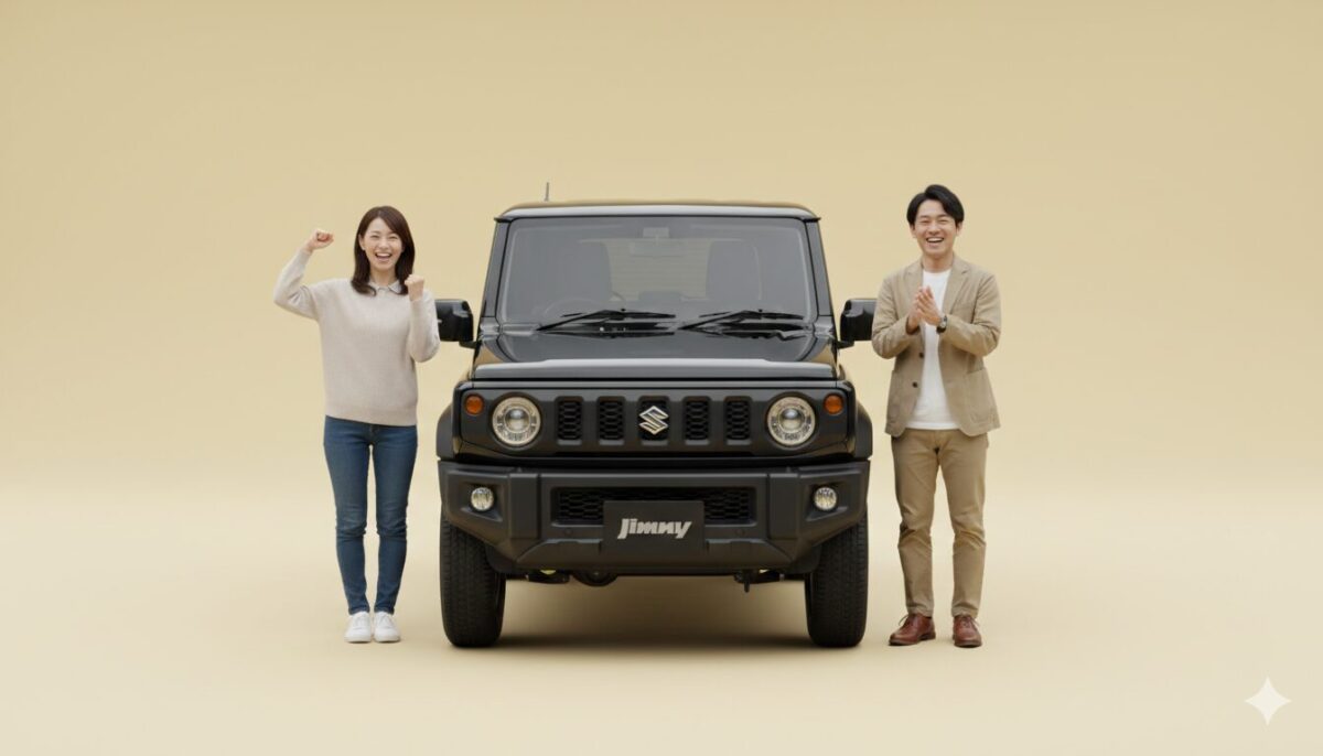 黒ジムニーの脇で喜ぶ男女