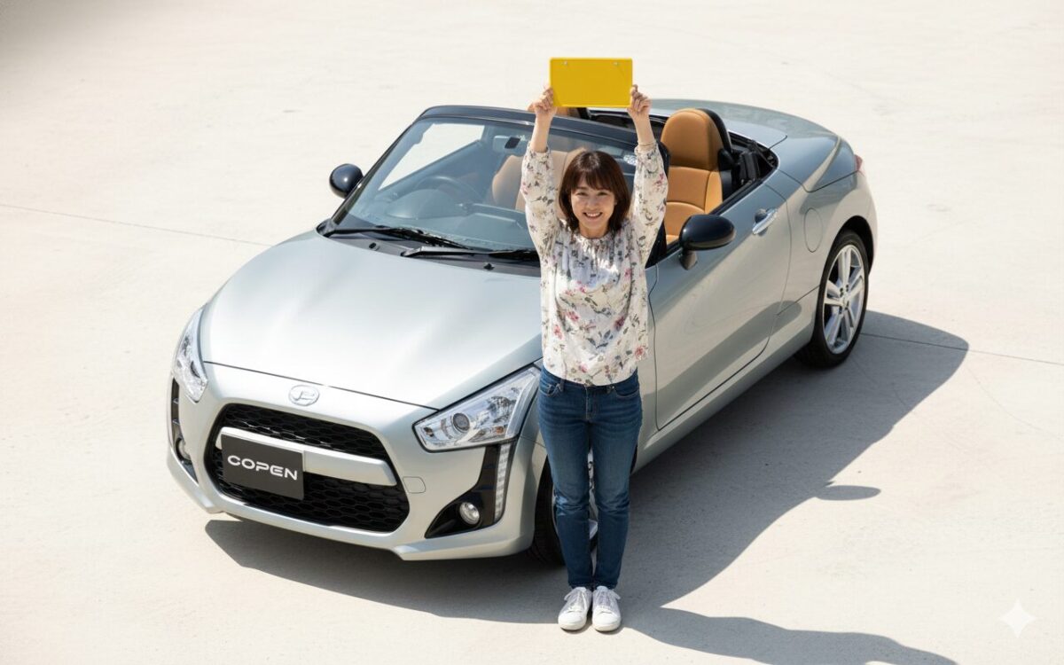 コペンの前で黄色いナンバープレートを抱えている女性