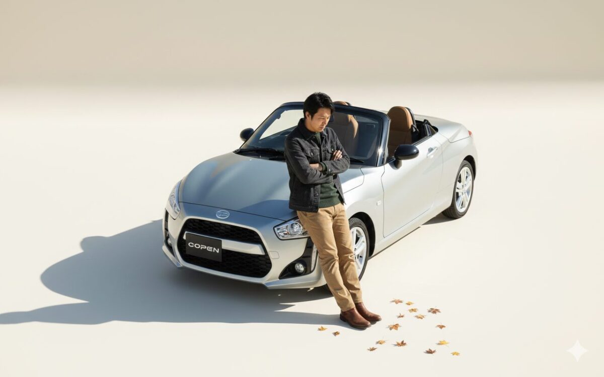 コペンにもたれて考え事をしている男性