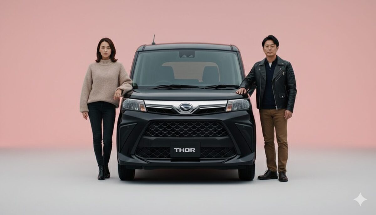 黒のトールと両脇に立つ男女