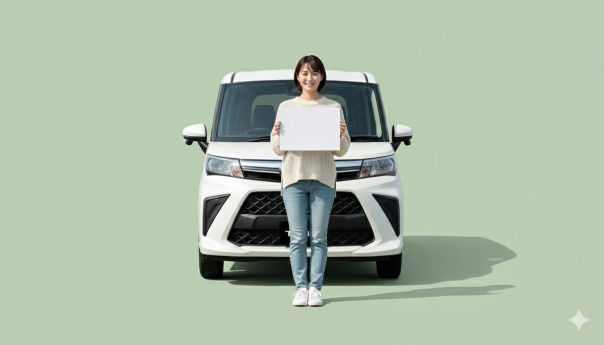 トールの前で白ナンバーを持つ女性