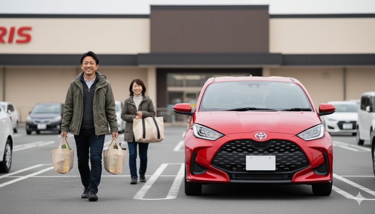 スーパーマーケットの駐車場に停車したヤリスと40代の夫婦