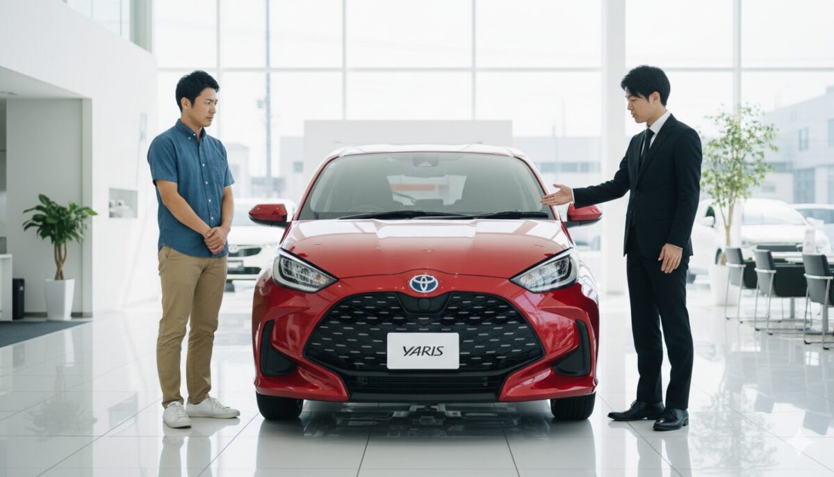 ディーラーでヤリスの説明を受ける30代の男性