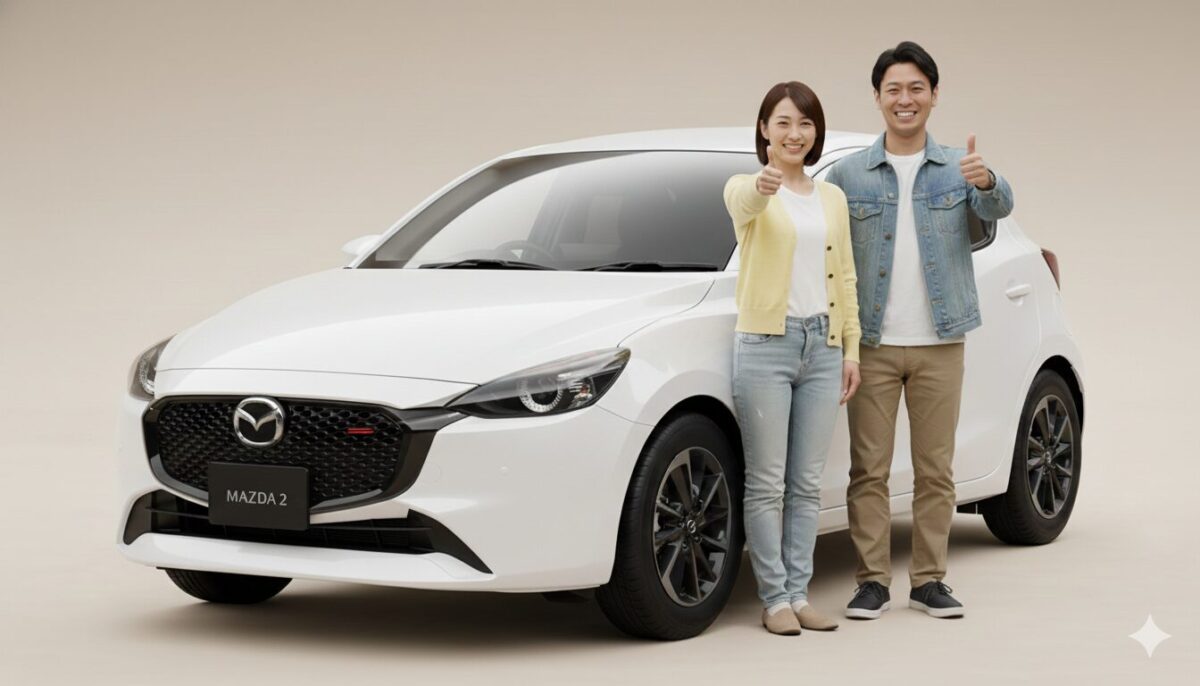 MAZDA2スポルトの横でポーズをとる男女