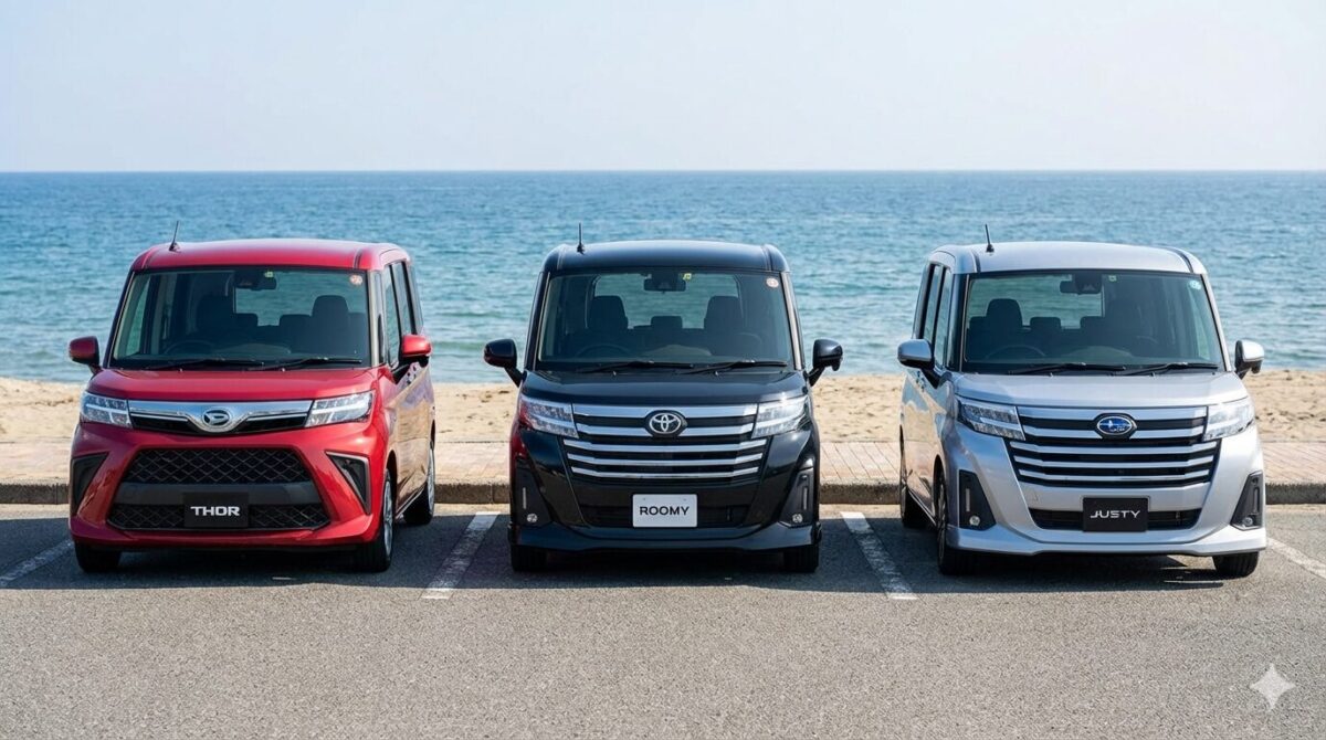 海辺に停めたトールとルーミーとジャスティ