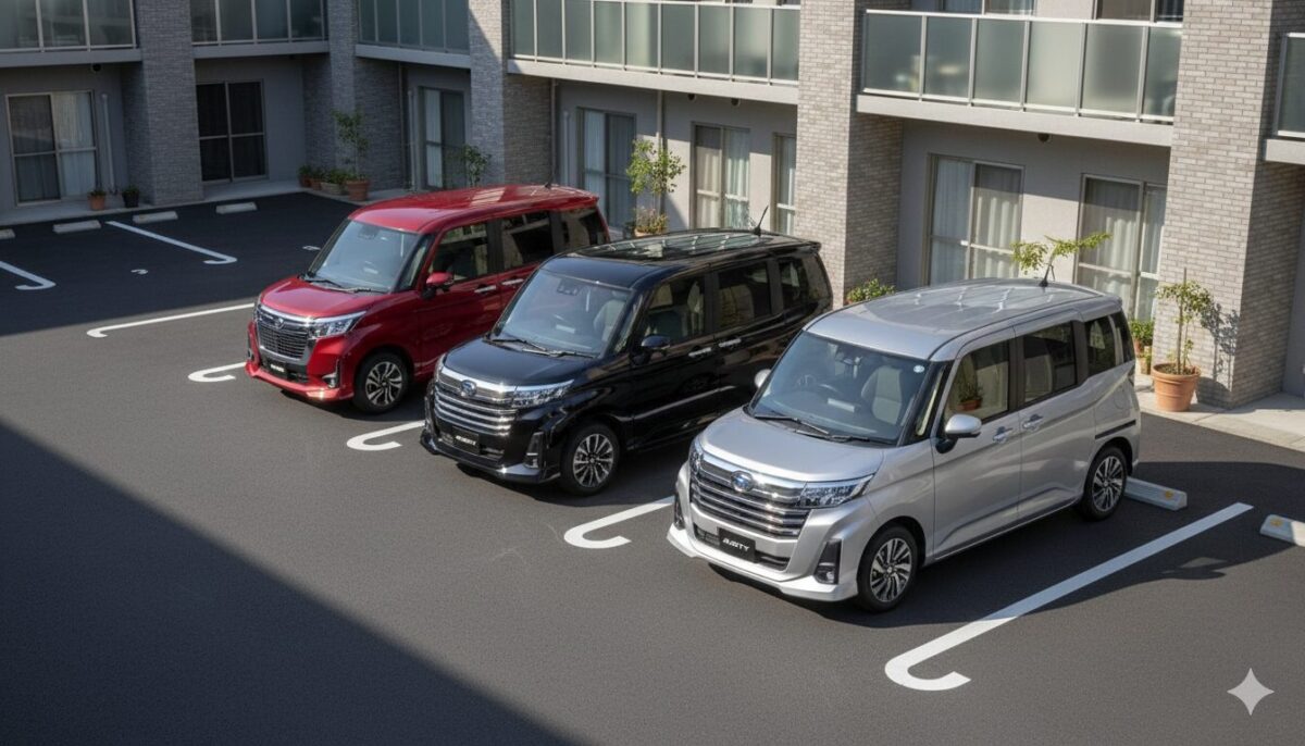 マンションの駐車場に停めたトールとルーミーとジャスティ