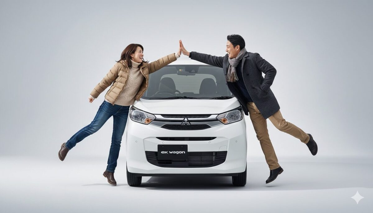 ekワゴンのまえでハイタッチをする男女