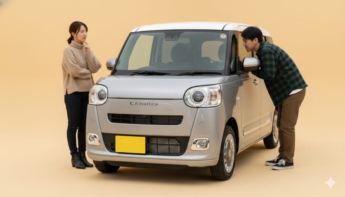 グレーのムーブキャンバスセオリーをチェックする男女