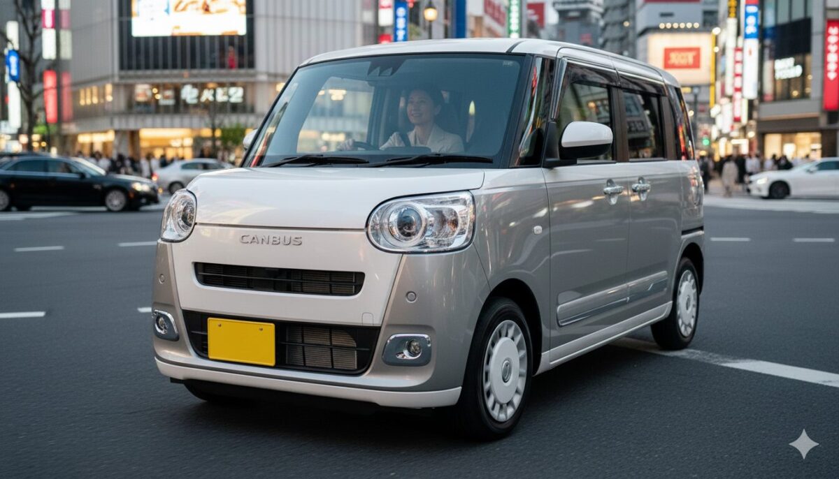 街中を走るグレーのムーブキャンバス