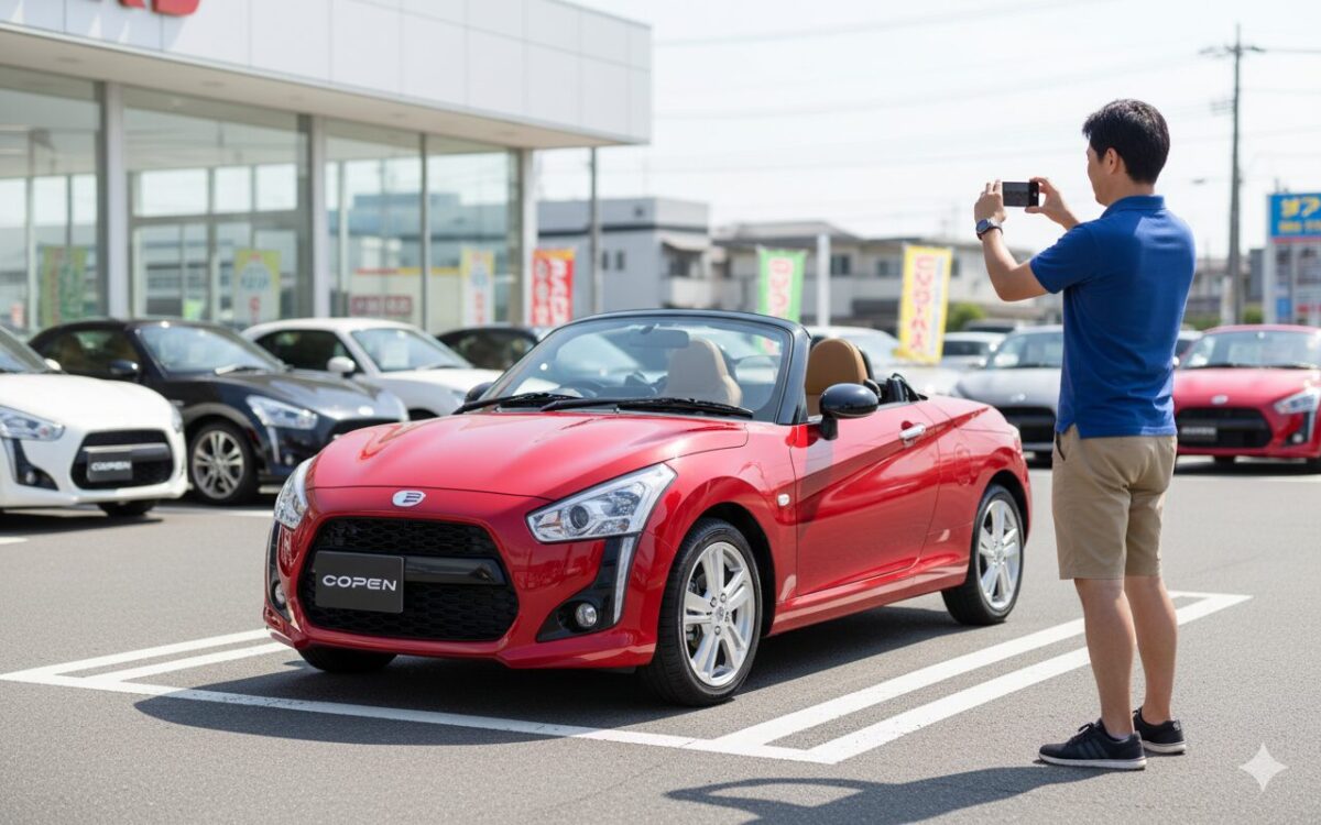 中古車センターに展示されているコペンを撮影する男性