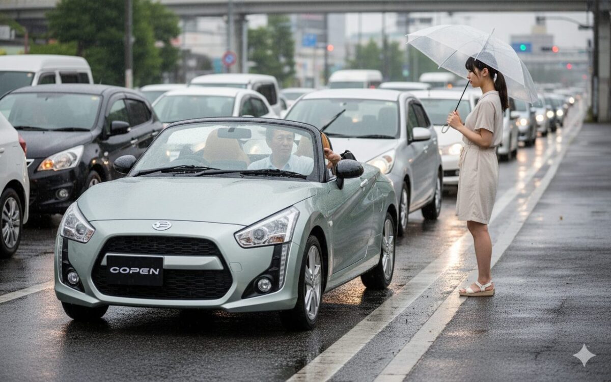 雨の日にオープンカーのコペンを運転する男性とそれを見つめる女性