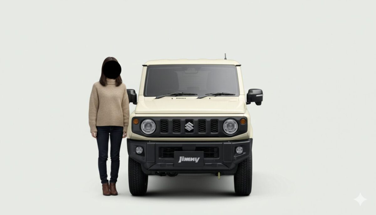 アイボリーのジムニーと並んで立つ女性