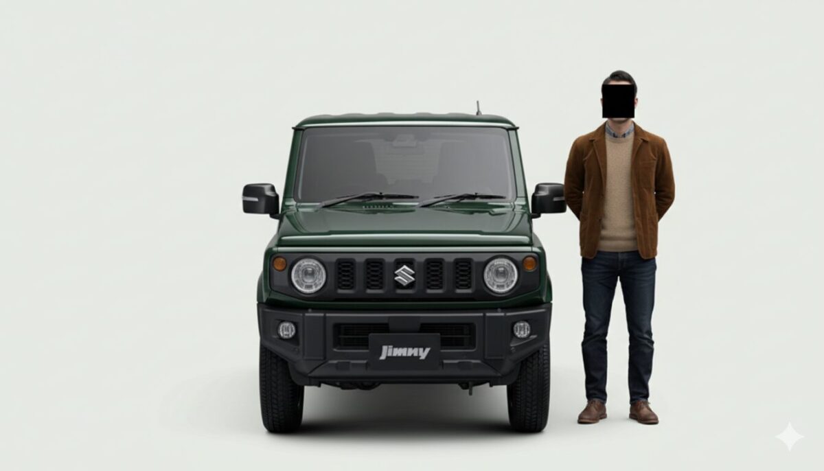 グリーンのジムニーと並んで立つ男性