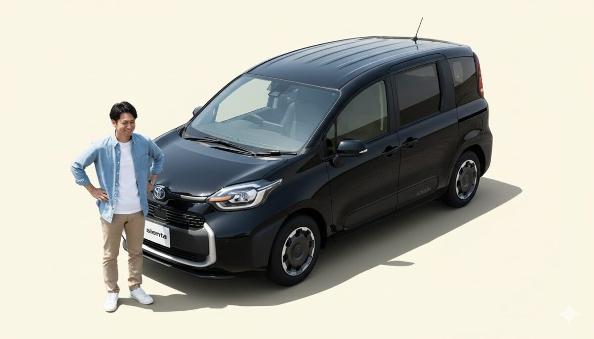 黒いシエンタの横で苦笑いを浮かべる独身男性