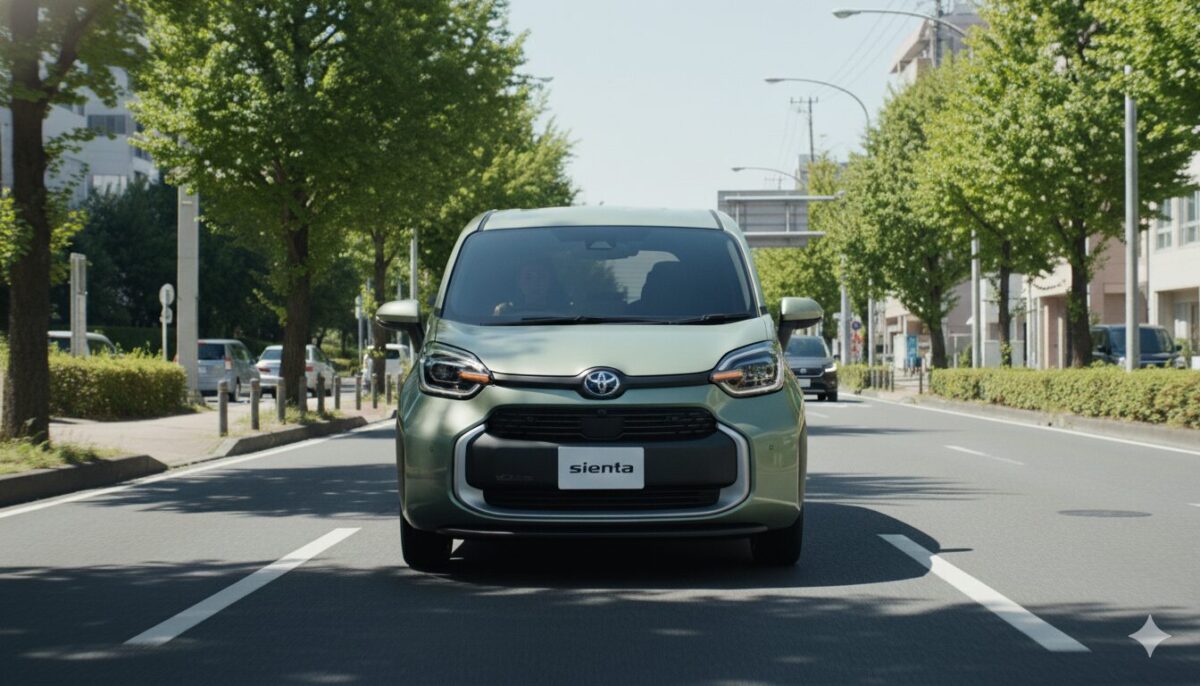 街路樹が生えた道路を走るグリーンのシエンタ