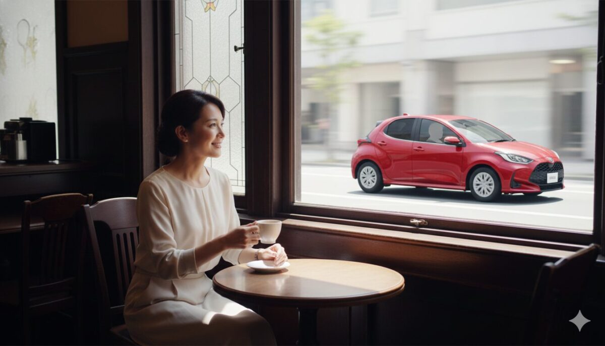 喫茶店の窓から走行するヤリスを眺める女性