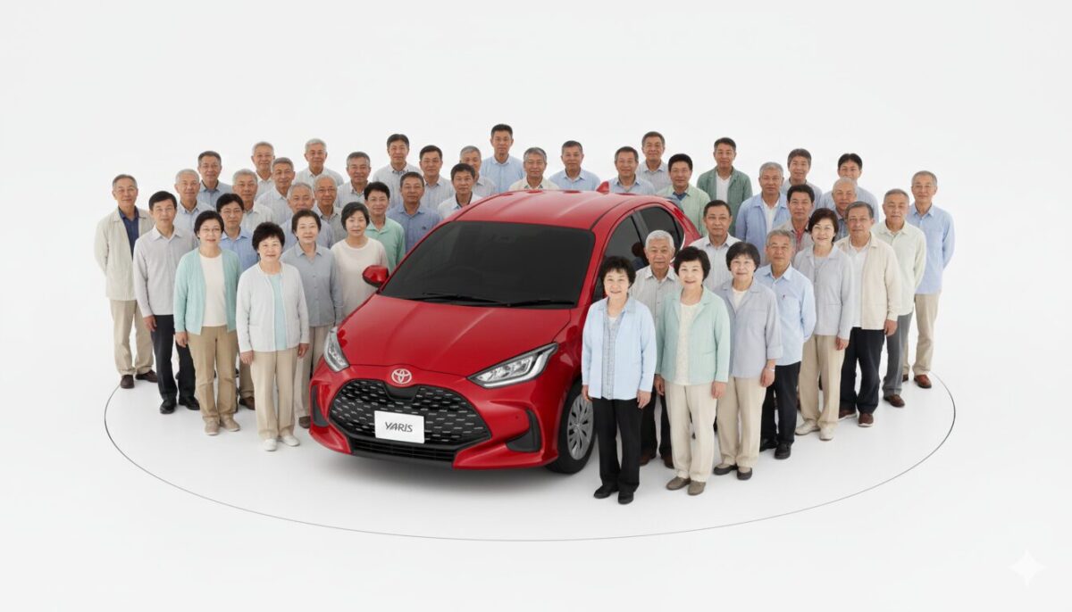 ヤリスを取り囲むように並ぶ中高年の男女