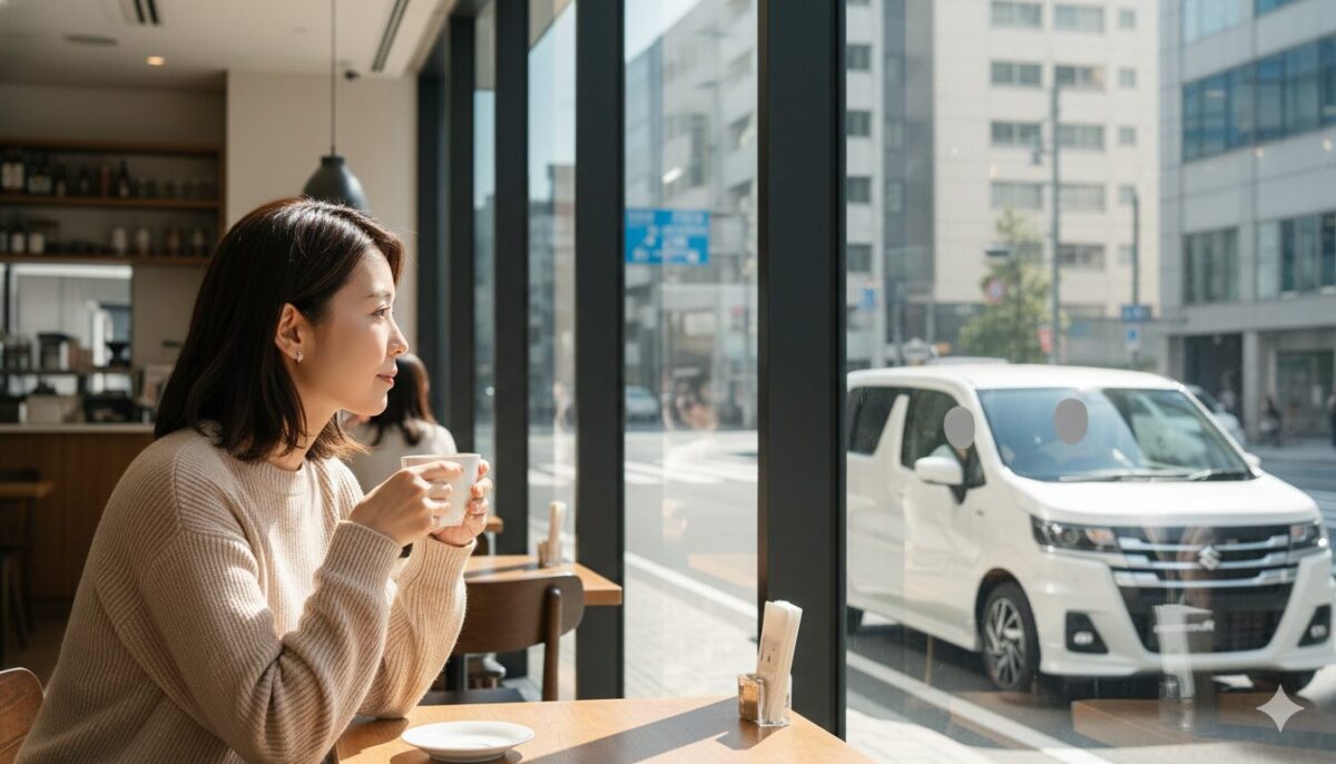 喫茶店の窓から走り去る白いワゴンRを見つめる女性