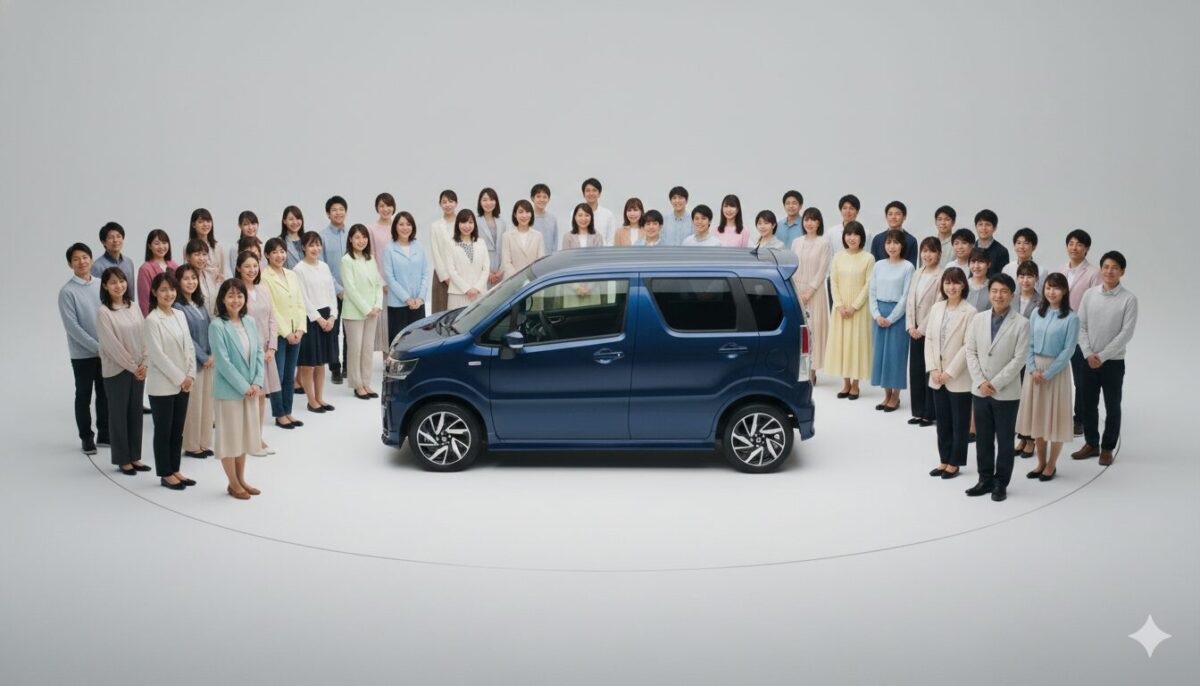 青のワゴンRを取り囲むように並ぶ老若男女