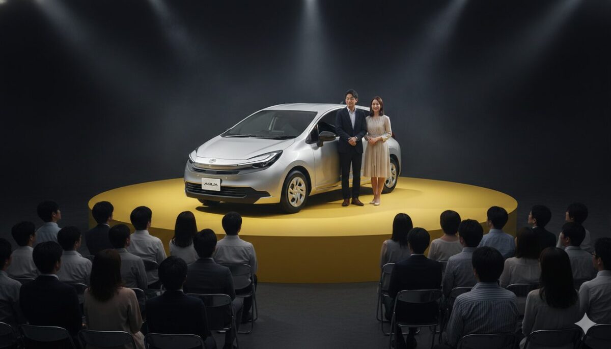 ステージに置かれたシルバーメタリックのアクアと横に立つ男女