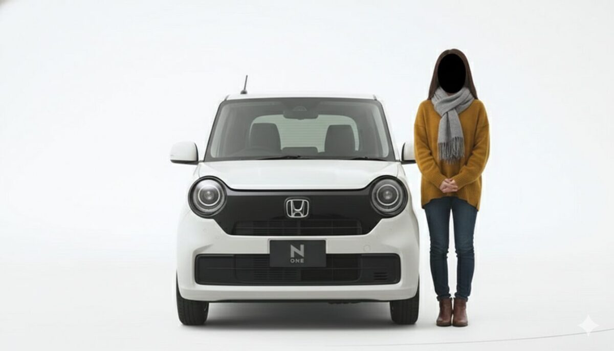 白のN-ONEの傍に立つ女性