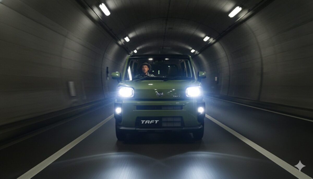 トンネルを走行するカーキ色のタフト