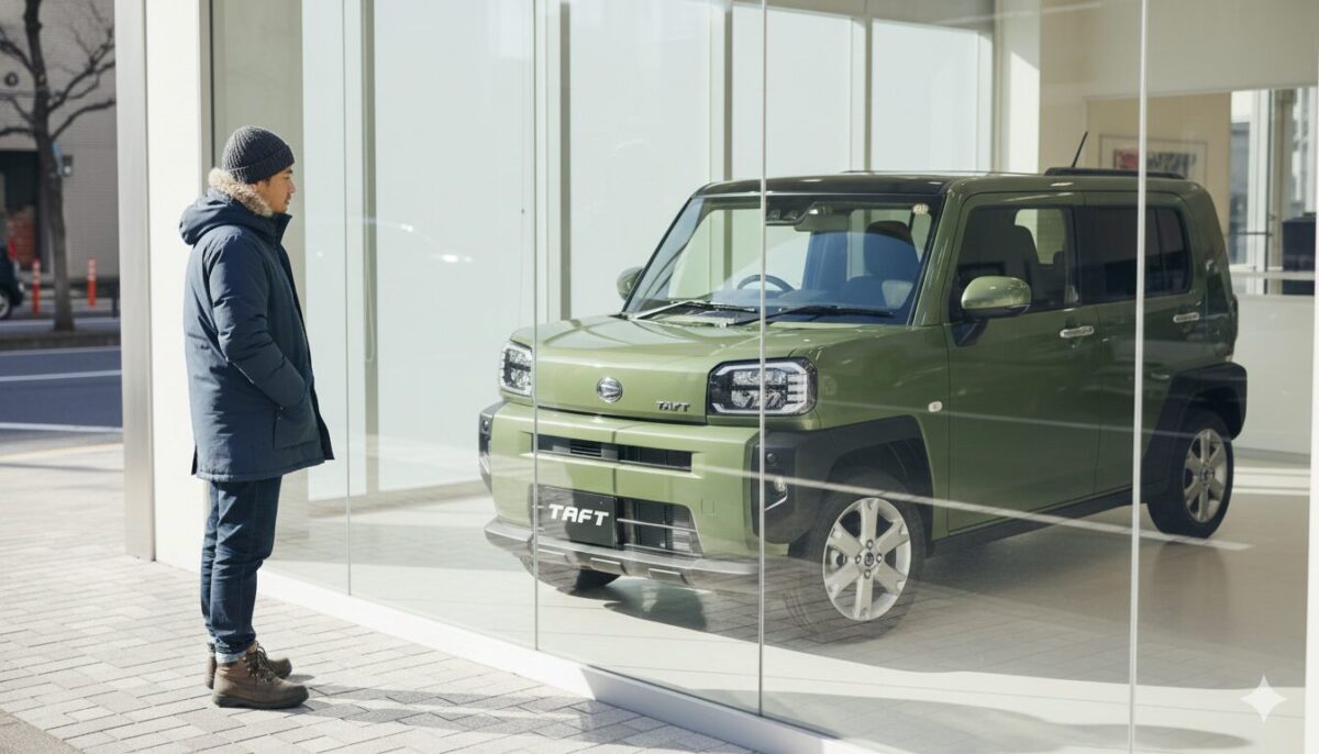 ディーラーに展示されたカーキのタフトを見学する男性