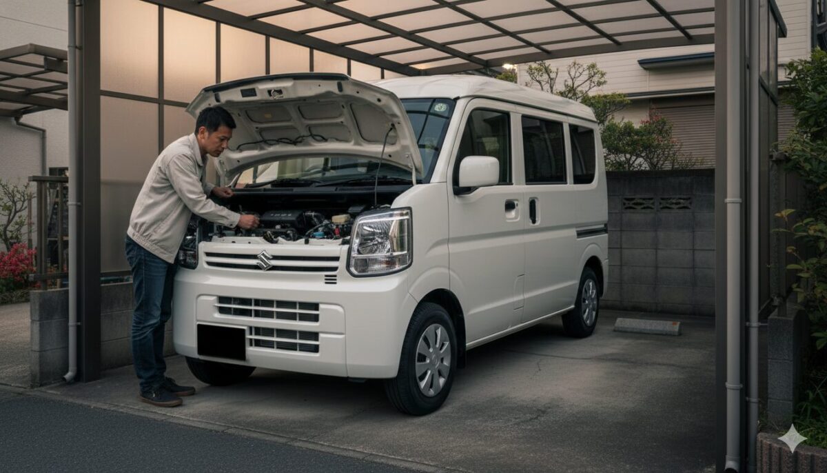 エブリイのエンジンをチェックする男性