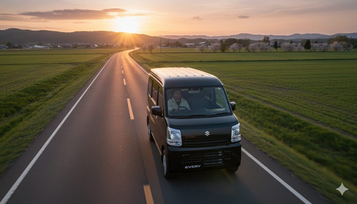 郊外の一本道を走行する黒のエブリイ