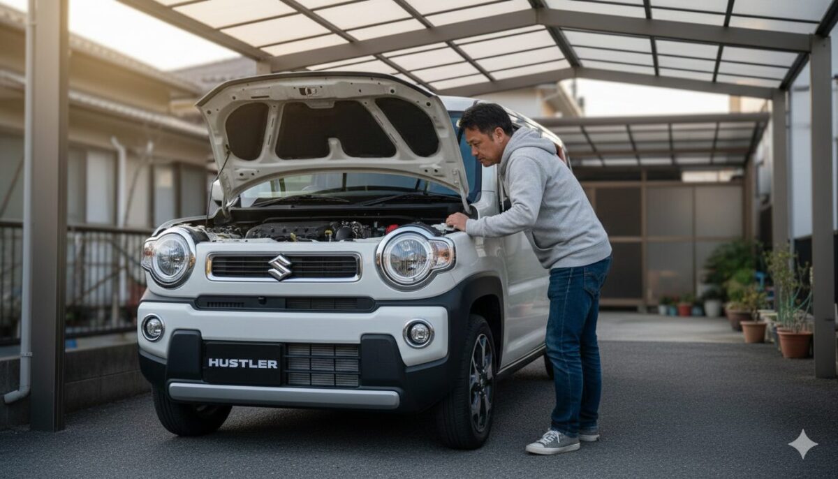 白のハスラーのボンネットを開けて点検する男性