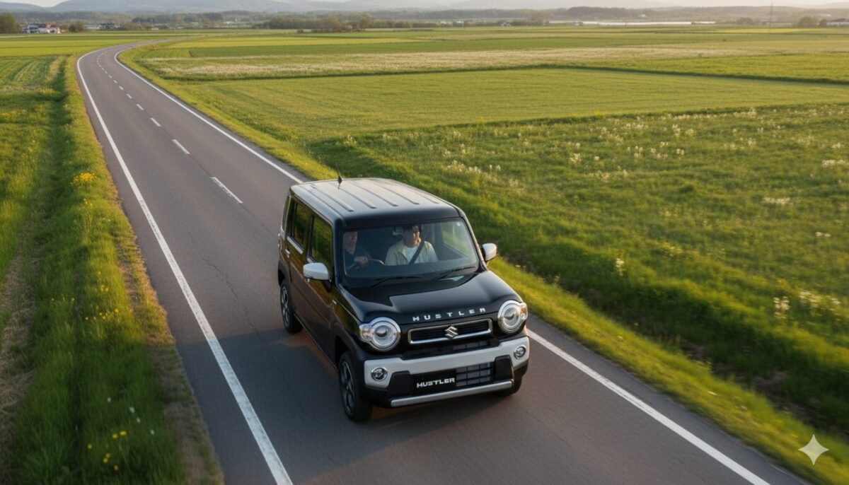 牧草地帯の一本道を疾走する黒のハスラー