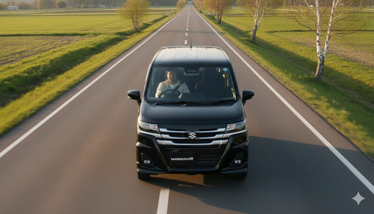 北海道の一本道を疾走する黒のワゴンR