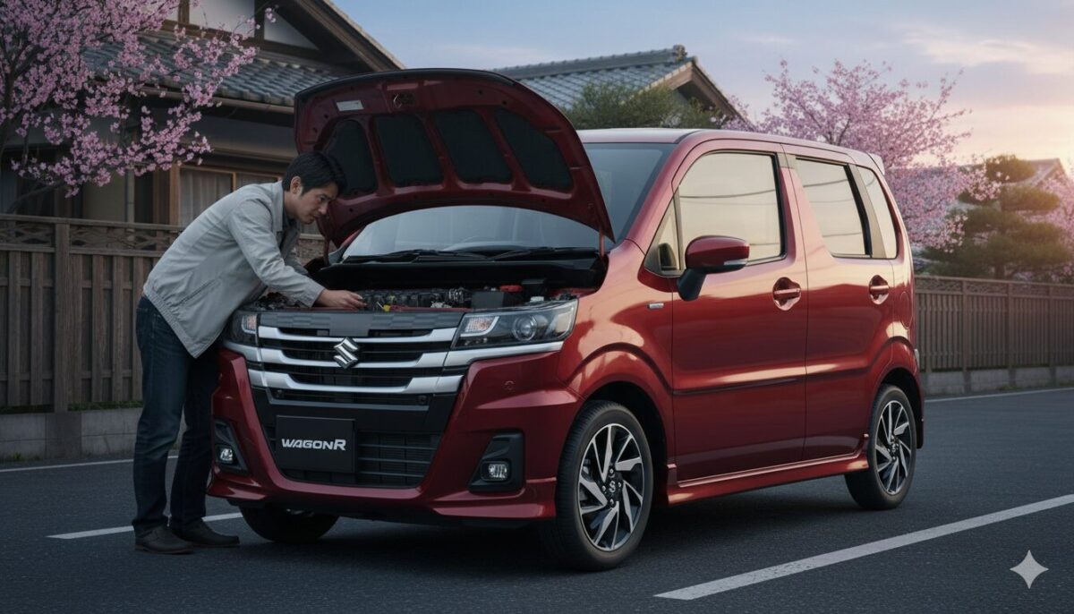 ワゴンRのボンネットを開けてエンジンを点検する男性