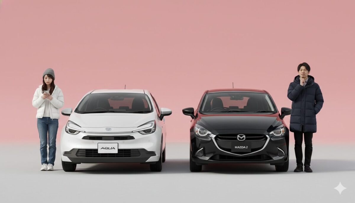 アクアとMAZDA2の横で考え事をする男女