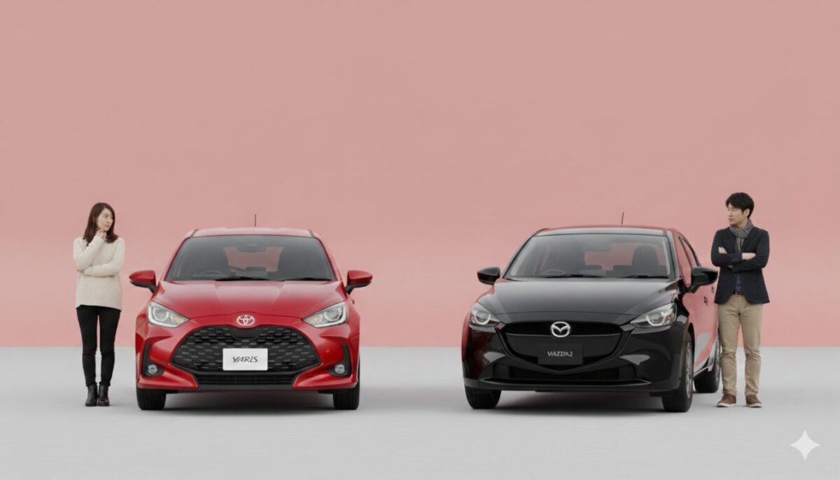 ヤリスとMAZDA2の脇に立つ男女