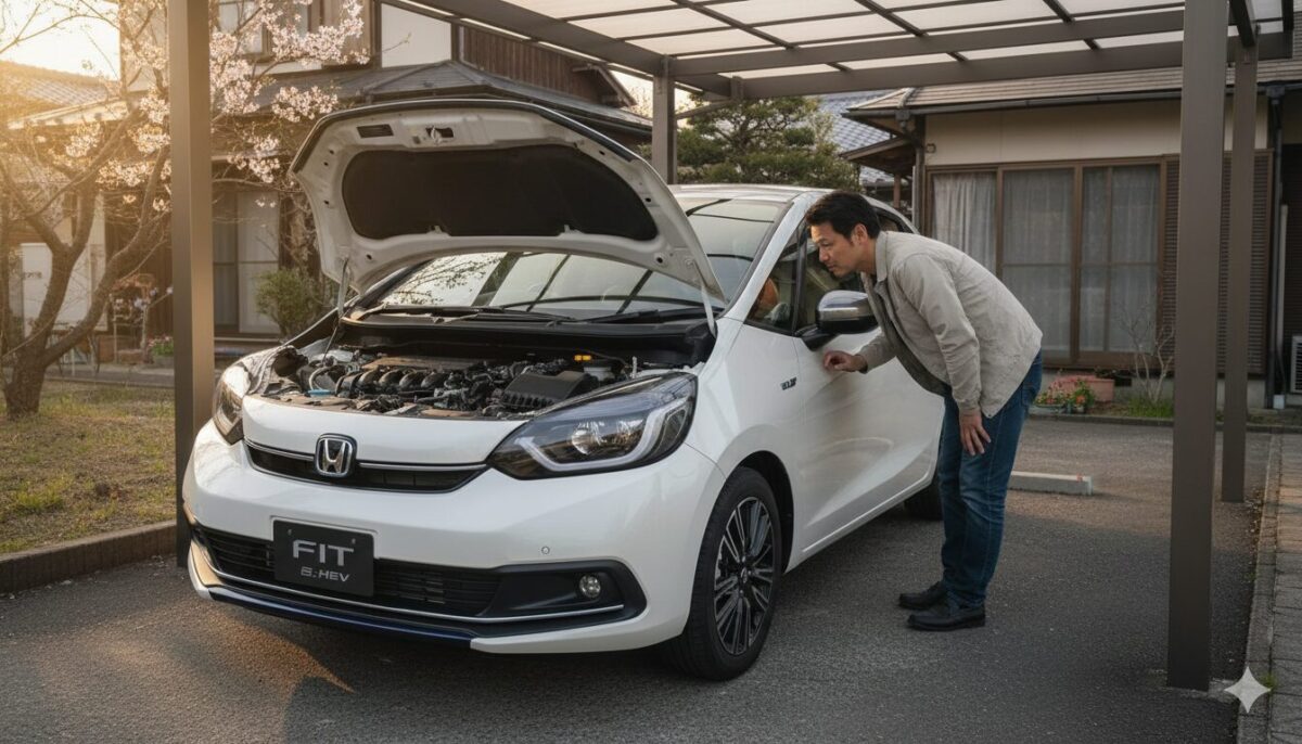 自宅ガレージで白のフィットのボンネットを開けて観察する男性