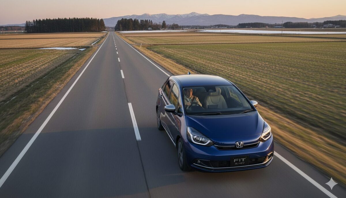 田舎の一本道を走るブルーのフィット