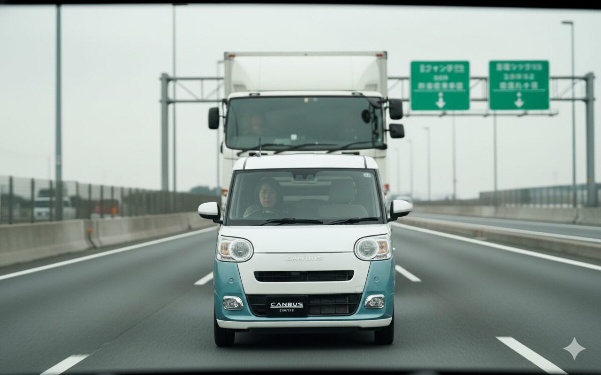 高速道路でムーブキャンバスを運転する女性