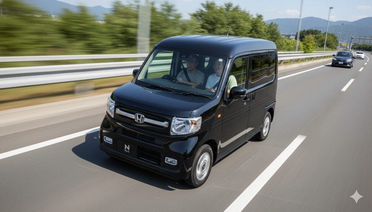 黒のN-VANで高速道路を走行する男性2人