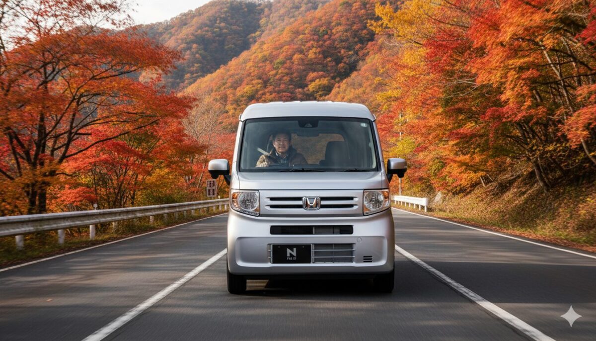 N-VANで紅葉の峠道を走行する男性