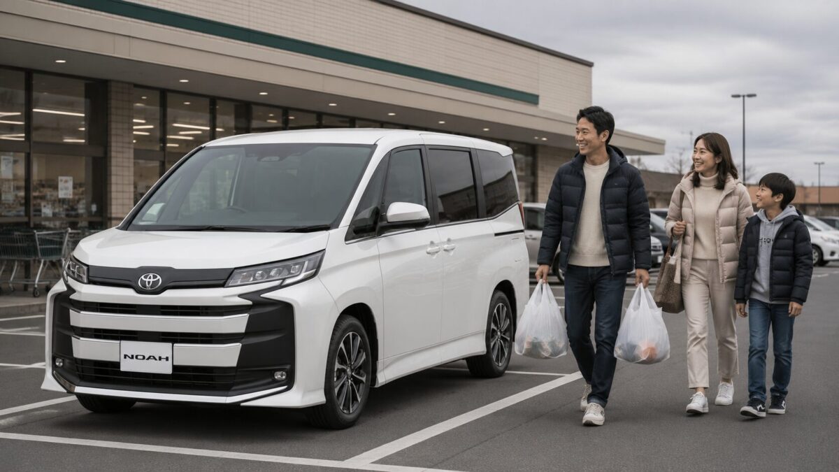駐車場に停車したノアと家族3人連れ