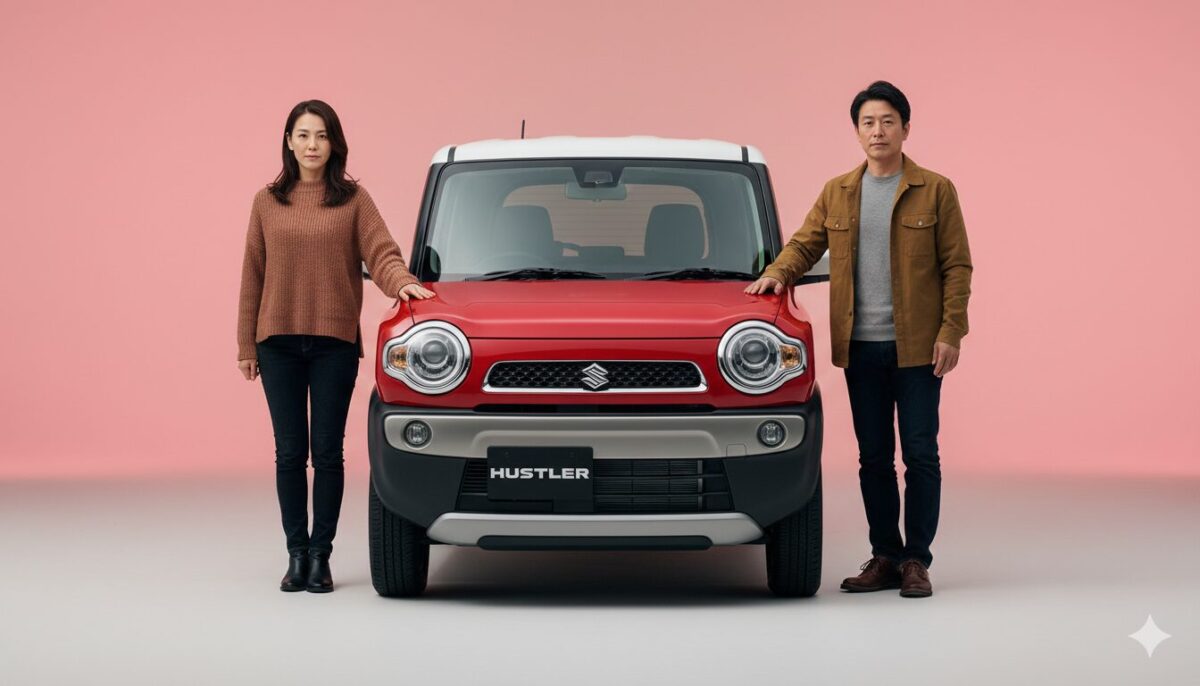 旧型ハスラーのボンネットに手を置く男女