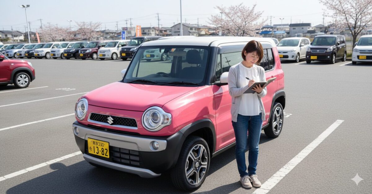 中古車店でピンクのハスラーをチェックする女性