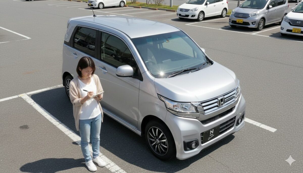 中古車のN-WGNを吟味してメモする女性