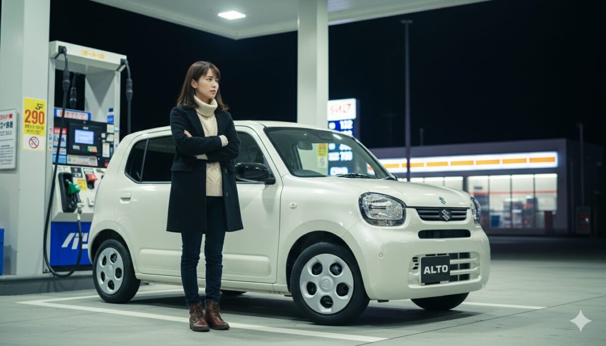 深夜のガソリンスタンドにアルトを停めて考え事をする女性