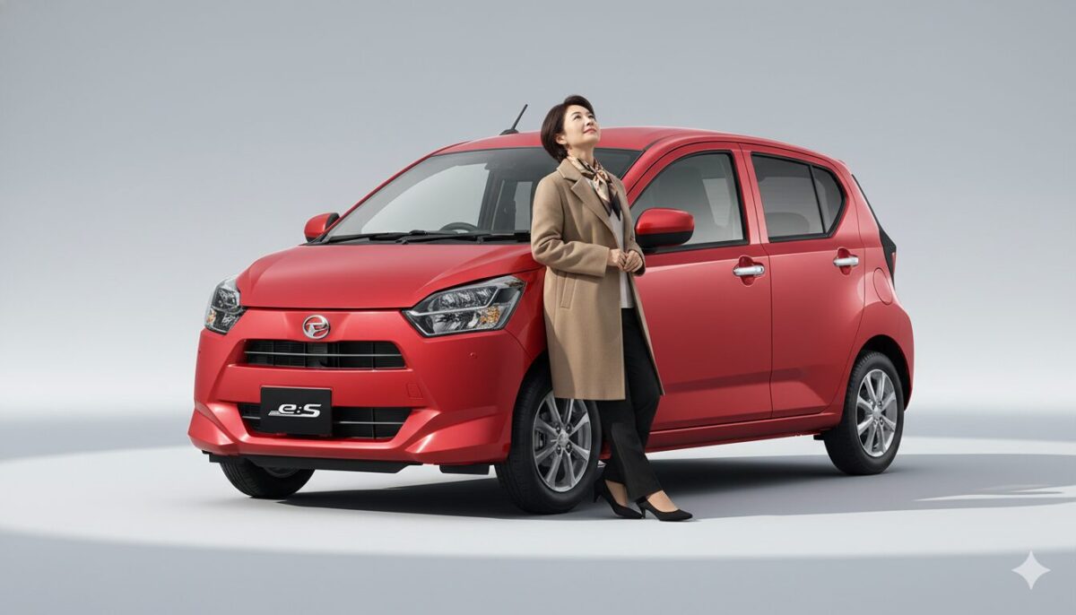 赤いミライースに寄りかかるシックな服装の中年女性