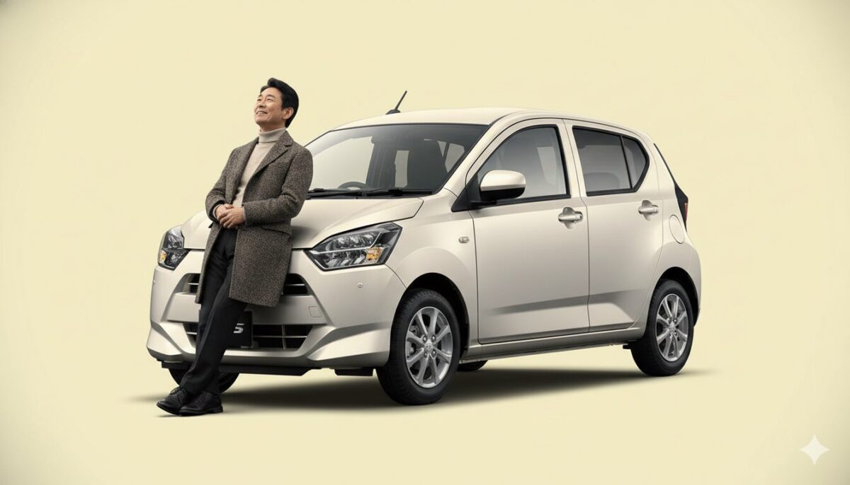 ミライースに寄りかかる富裕層の中年男性